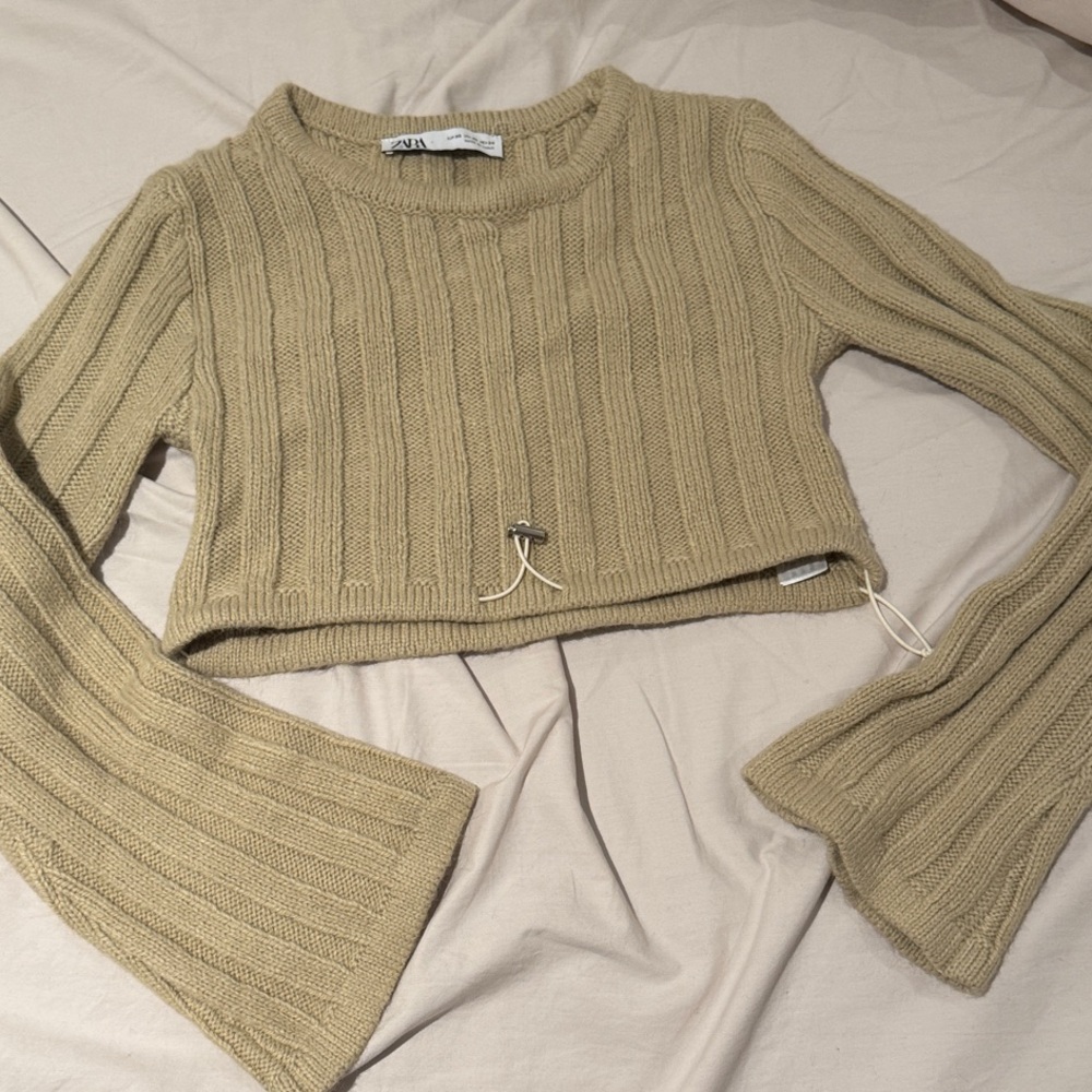 Zara Beige Tan Ribbed Knit Crop Top sweater cable knit XS NEW adjustable hem Y2K